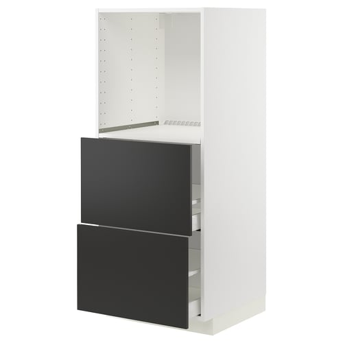 Modern köksenhet, vit med svarta lådor, justerbara hyllor, elegant design.
