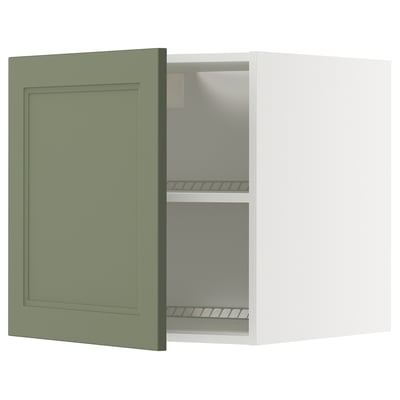 METOD väggskåp i grågrönt med justerbara hyllplan, fyrkantig form, minimalistisk design.