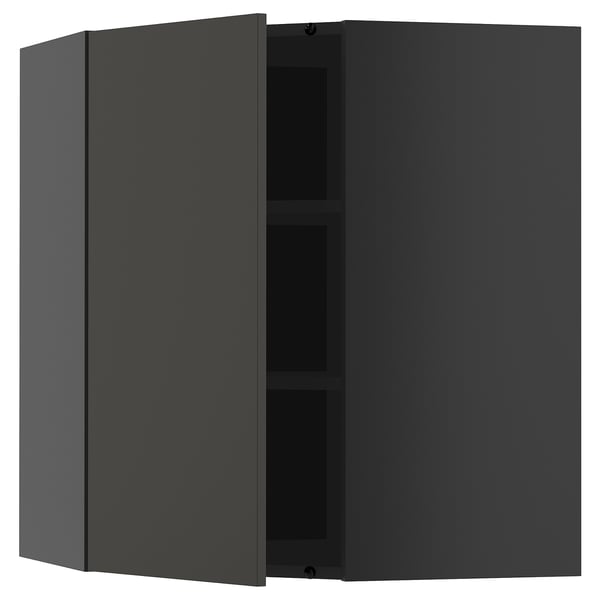 Modulärt hörnskåp i mörkgrått med två hyllplan, elegant och minimalistiskt.