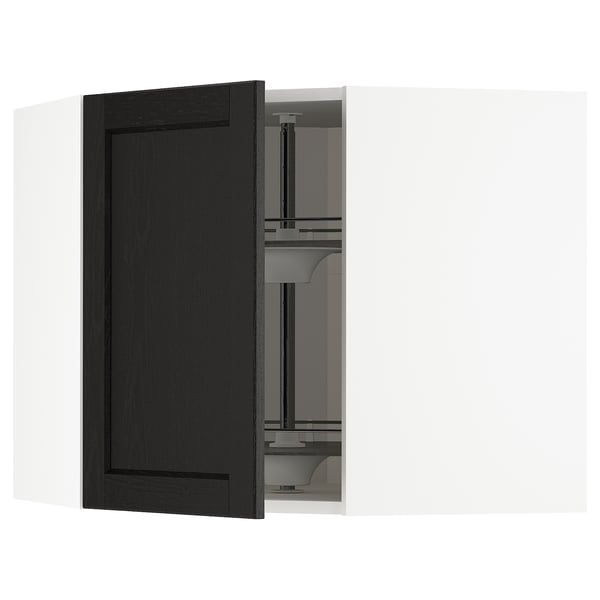 Svartbetsat askskåp med fasade kanter, justerbar hyllplan, hörnkarusell.