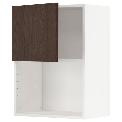 Ett modernt, vitt köksskåp med en mörkbrun trädörr delvis öppen. Skåpet är justerbart hyllplan och en stilren design.