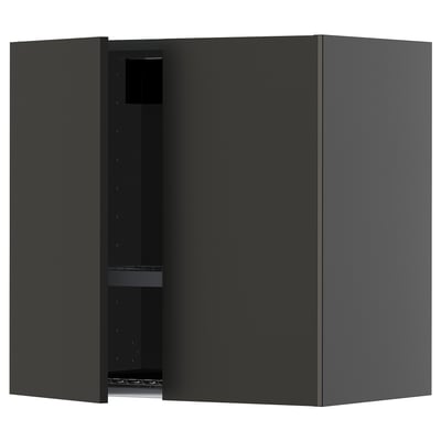 Modernt svart väggskåp med öppen dörr, minimalistisk design.