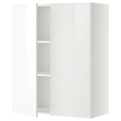 Vitt högblankt köksskåp med en öppen lucka, två hyllplan. Modern och elegant design.