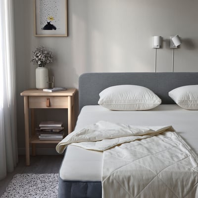 Två enkelsängar, grå sänggavel, täcke, 2 kuddar. Nattduksbord med blommor, ljus, böcker. 2 vägglampor, inramad bild, skira gardiner. Enkelt, fridfullt.