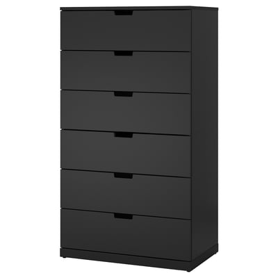 NORDLI hög, svart byrå med sex lådor, elegant modern design, robust material.