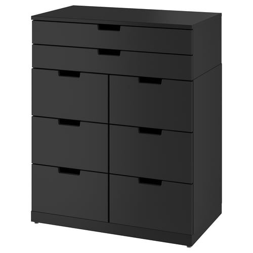Svart NORDLI byrå med sex lådor. Modern, fyrkantig form. Tillverkad av spånskiva och akrylfärg.
