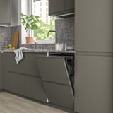 Modernt kök med integrerad inbyggd grå diskmaskin, elegant bänkskiva och fönsterbräda.