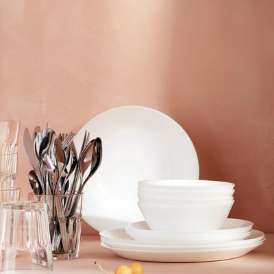 OFTAST vitt porslin - tallrikar, skålar, glas och bestick, elegant staplade, diskmaskin och mikrovågsugn säkra, härdat opalglas.
