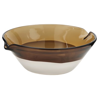 Ommainge skål: bruntonat glas, runt, handtag, handgjorda, unika mönster.