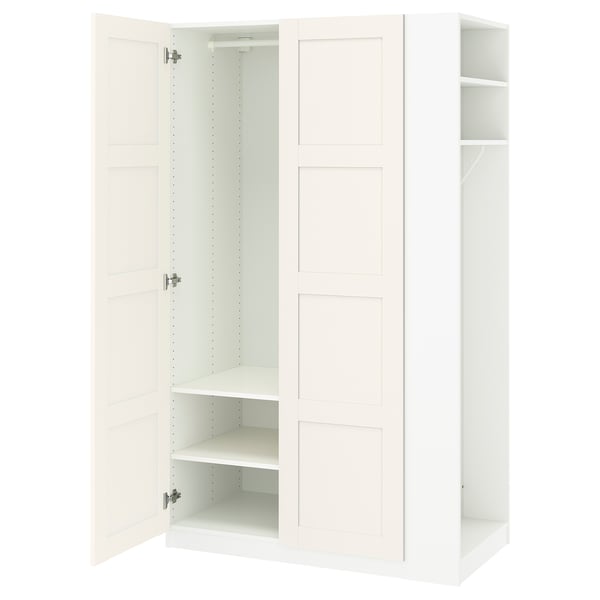 Vit PAX garderob med öppen dörr, hyllor och hängutrymme, modern design.