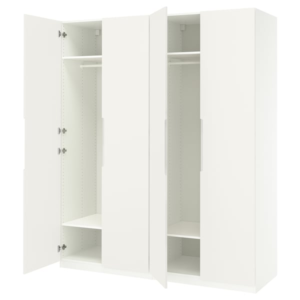 Vit ikea PAX garderob, två sektioner, öppna dörrar som avslöjar tomma hyllor.