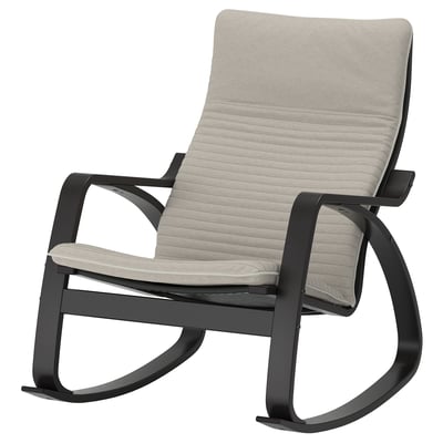 Modern gungstol, POÄNG, beige dynor, svart metallram, ergonomisk design för komfort.