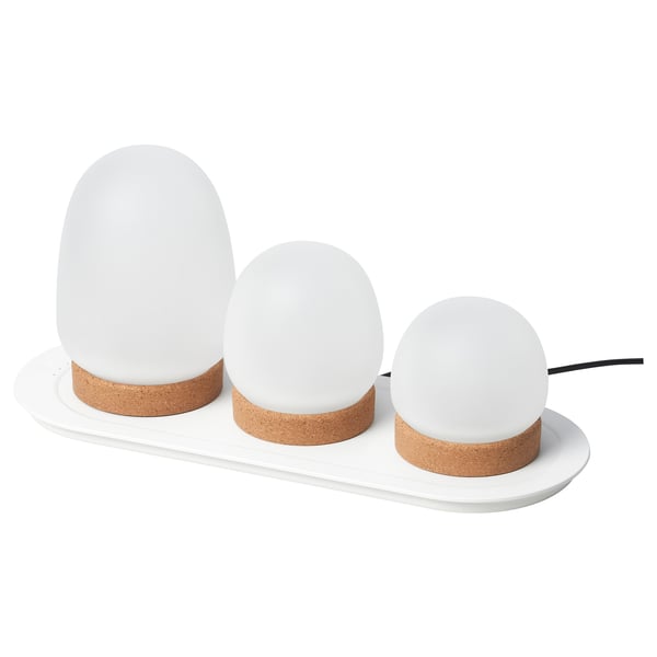 PRAKTSPIREA vit lampset, modern, 3 runda glasskärmar på korkfot, laddningsbricka, sladdlös användning.