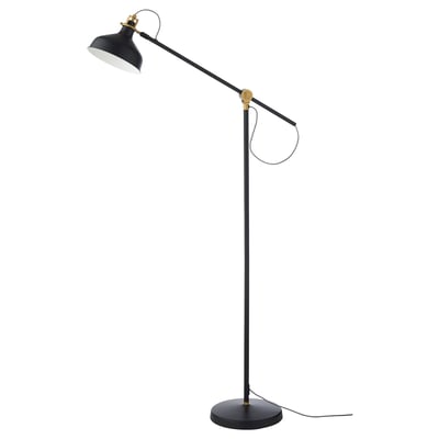 RANARP lampa - svart & mässing golvlampa med justerbar arm & skärm, modern industriell design.