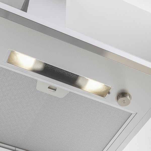 Köksfläkt i rostfritt stål med LED-ljus, som visar kvalitetsdesign och funktionalitet.