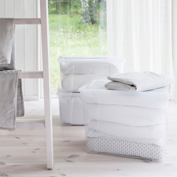 SAMLA Låda med lock, transparent, 57x39x28 cm/45 l