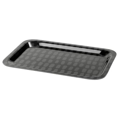 En rektangulär svart SAMMANHANG-bricka med ett grått cirkulärt mönster, tillverkad av högtrycksmelaminlaminat.