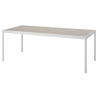 SEGERÖN utebord med aluminiumskiva, vita ben, rektangulär form.