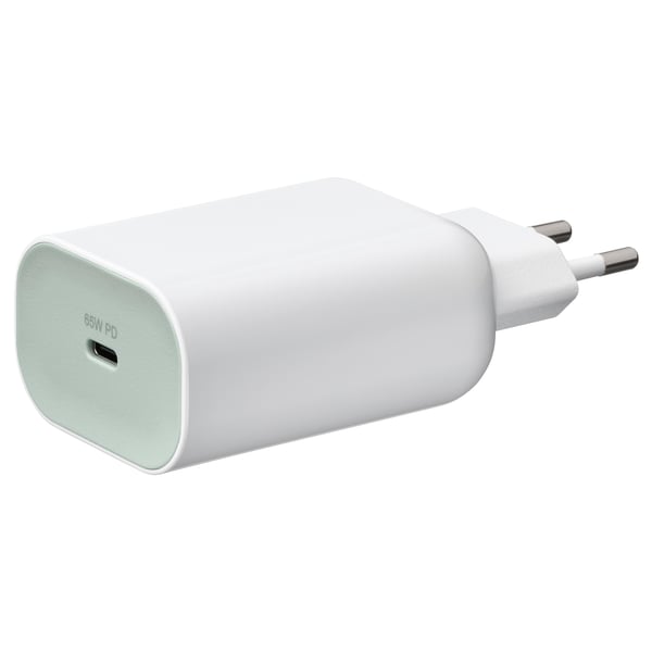 Vit, kompakt usb-c-laddare, 65w pd, med platt kontakt.