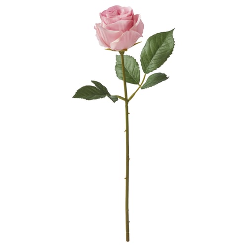 Rosa konstgjord ros med gröna blad, stam, återvunnet material.