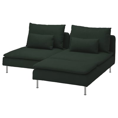 En mörkgrön sektionssoffa från SÖDERHAMN med metallben och plyschkuddar.