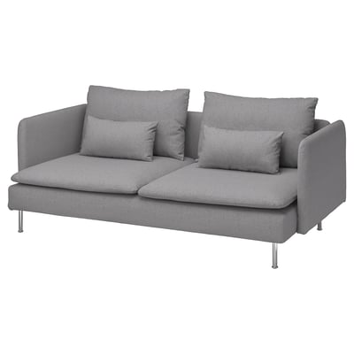 Modern grå SÖDERHAMN soffa med låg, mjuk design, lösa dynor, höga ben, klädd i tonerud.