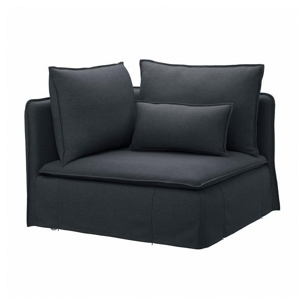 En grå hörnsoffa SÖDERHAMN med tre kuddar, tillverkad i bomull och polyestertyg.