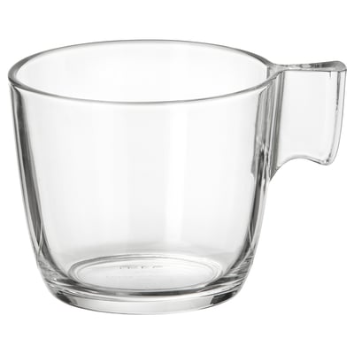 Mugg i klarglas, märket STELNA, enkel design, robust handtag.