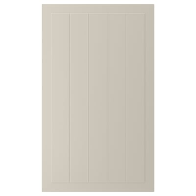 Visar en beige STENSUND skåpdörr med vertikala spår och en rektangulär ram, gjord av fiberplatta, motståndskraft mot fukt och fläckar.