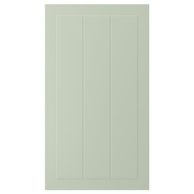 Bilden visar en grön skåpdörr STENSUND med vertikala paneler. Rektangelformad, enkel design.