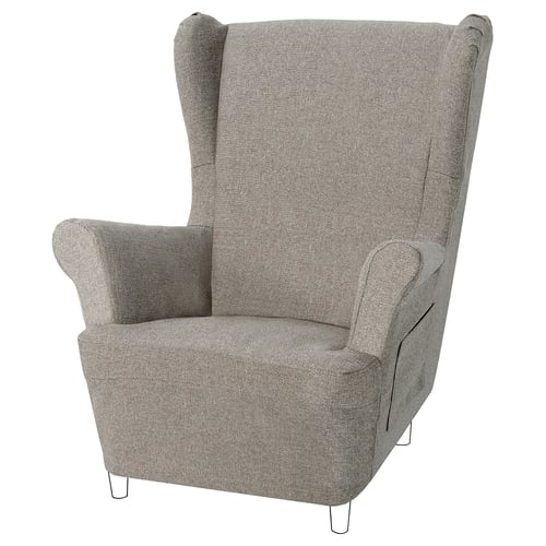 Grå barnfåtölj med hög vingrygg och metallben, slank design, återvunnen polyesteröverdrag.