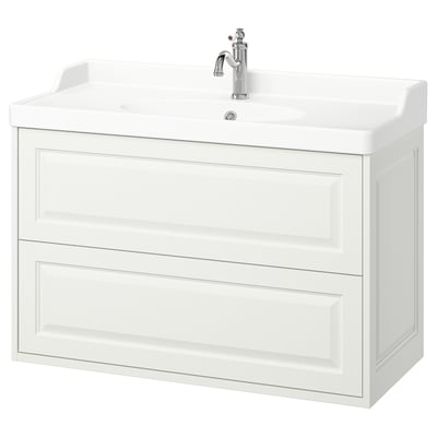 Vit TÄNNFORSEN badrumsskåp, klassisk design, två lådor, keramiskt handfat, kromkran.