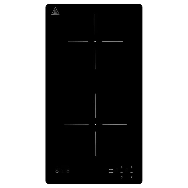 Svart bärbar induktionshäll med två kokzoner, touchkontroller och en elegant design. Perfekt för små kök, lätt att flytta och stuva.