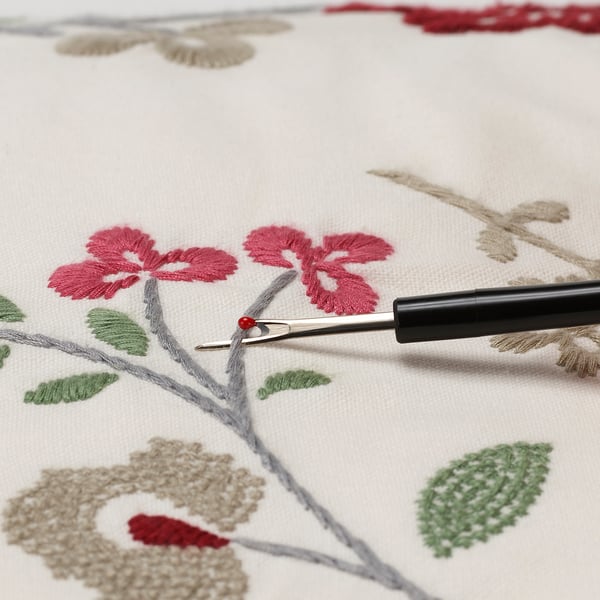 En närbild visar ett fingerborgs- och nålträdningsverktyg på ett broderat tyg, vilket framhäver precisionen i textilreparationen.