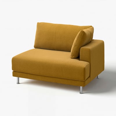 Gul UPPÅKRA-fåtölj, manchestertyg, silverben, modern design.