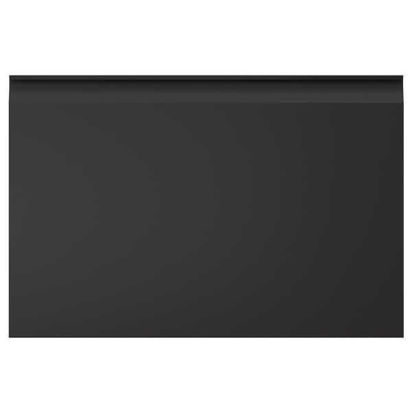 Elegant svart UPPLÖV köksskåp; rektangulära kanter i plast, minimalistisk design.