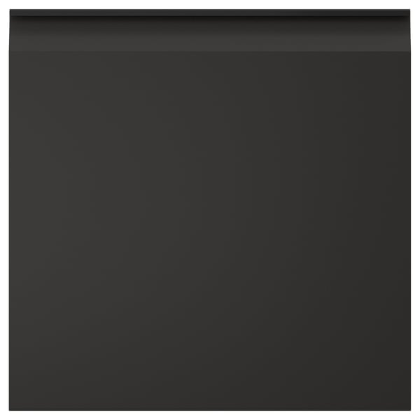 Svart köksskåp med elegant, modern design och integrerade handtag.