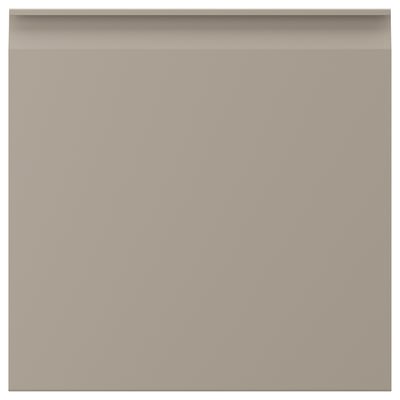 UPPLÖV moderna beige köksskåp har eleganta, fasade kanter och integrerade handtag för ett minimalistiskt utseende.