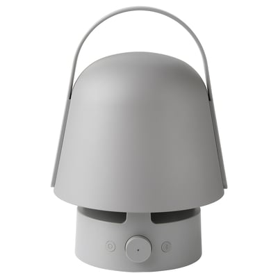 VAPPEBY: grå bärbar, högtalarlampa för utomhusbruk med handtag, spela musik via bluetooth, modern, elegant design.