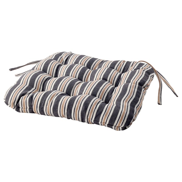 Bekväm VATTENMOTT stolsdyna, grå ränder, mjukt material, rektangulär form, knytband för säkring, tvåfärgad färgskala.