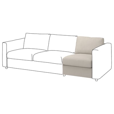 En VIMLE soffa i beige, med en modern, minimalistisk design. Den har ett mjukt, avtagbart lock och en robust träram.