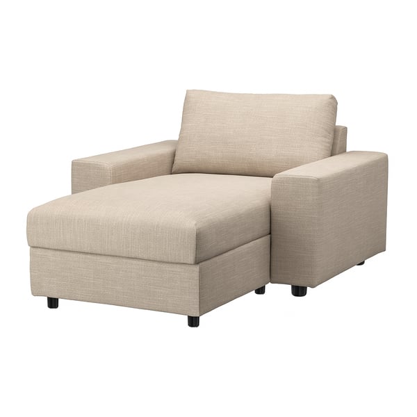 VIMLE soffa schäslong: beige, tyg, u-formad, modern, förvaringsbas, bekväm.