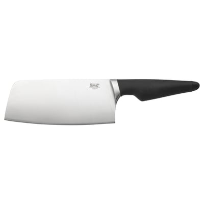 VÖRDA kniv, silverblad, svart handtag, rostfritt stål, rektangulär form, ergonomisk design.