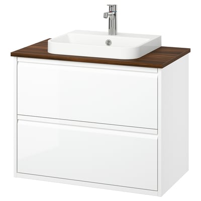 Un meuble-lavabo ÄNGSJÖN blanc élégant avec un comptoir en bois et un lavabo carré moderne.