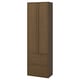 Armoire de rangement de salle de bain en bois brun-gris avec tiroirs et portes, style minimaliste.