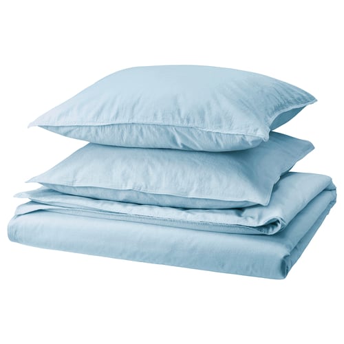 Ensemble de literie bleu clair, coton doux, comprend couette et taies d’oreiller, design simple.