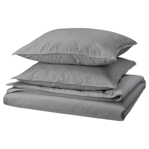 Parure de lit grise ÄNGSLILJA - coton lavé doux, comprend couette et taies d’oreiller, design carré simple.