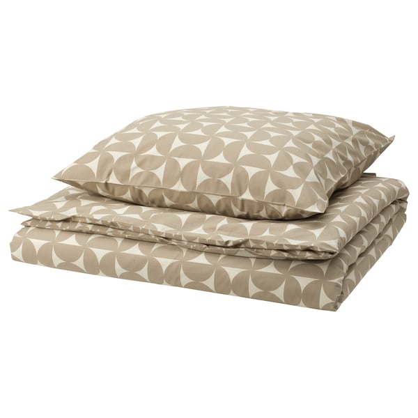 Parure de lit ÄNGSNEJLIKA, gris-beige, imprimé géométrique, 80 % coton, 20 % viscose, tissage percale impeccable.
