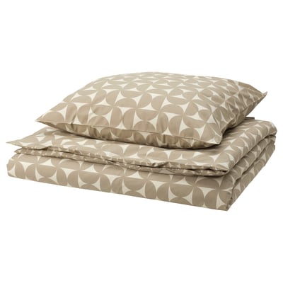 Parure de lit ÄNGSNEJLIKA, gris-beige, imprimé géométrique, 80 % coton, 20 % viscose, tissage percale impeccable.