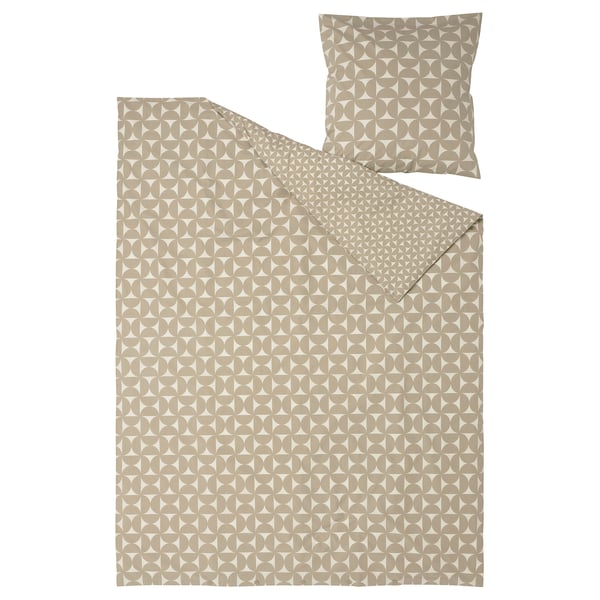 Parure de lit ÄNGSNEJLIKA gris-beige à motif géométrique, coton-viscose, fermetures à boutons/enveloppes.